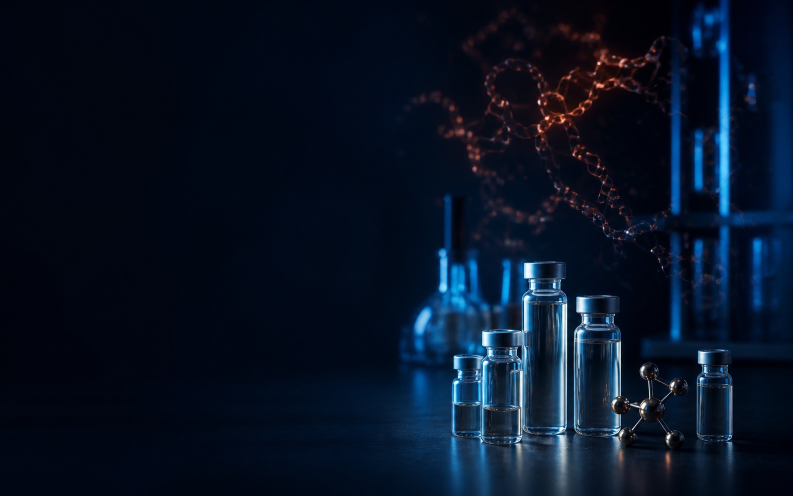 Unlabeled laboratory vials and a molecular model in a controlled research setting